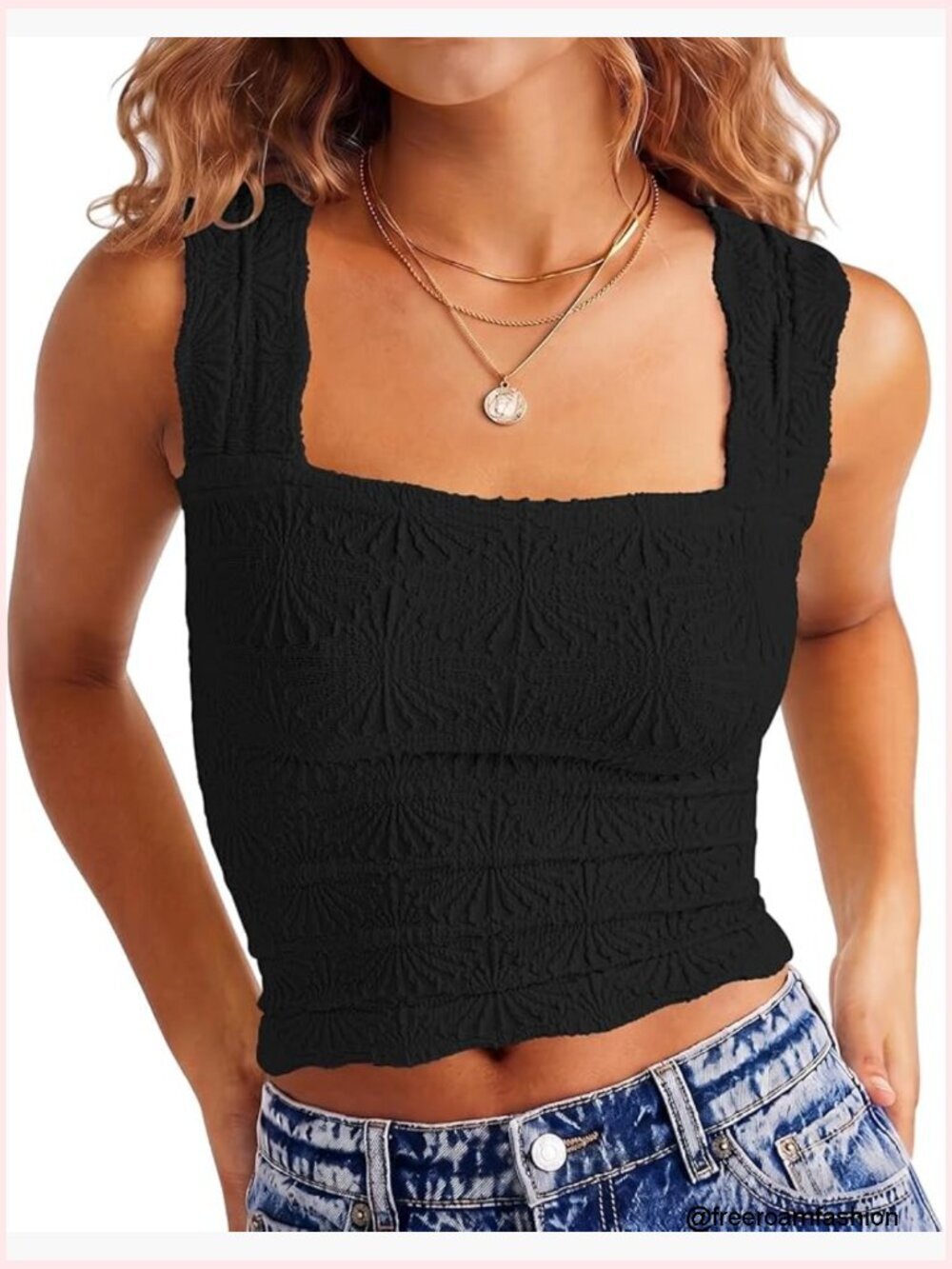 Square Neck Crop Tank Top Wide Strap Lettuce Trim Fitted Cami